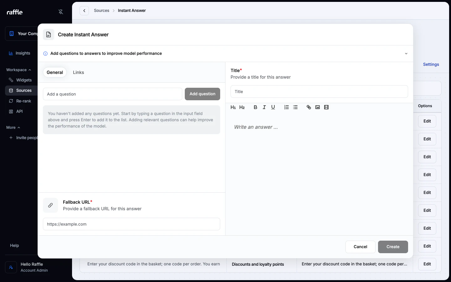 The Create Instant Answer dialog