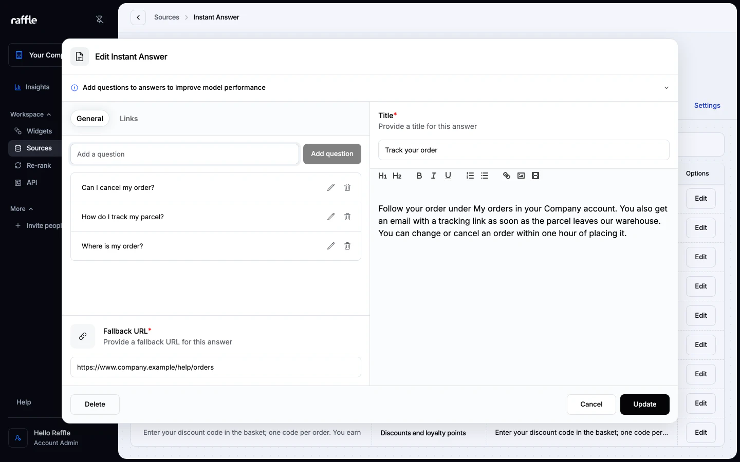 Editing an Instant Answer, with questions on the General tab