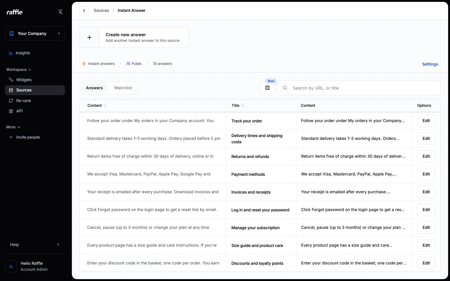 An Instant Answers source with its answers