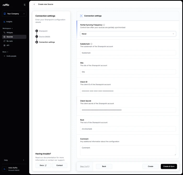 Connection settings for a SharePoint source