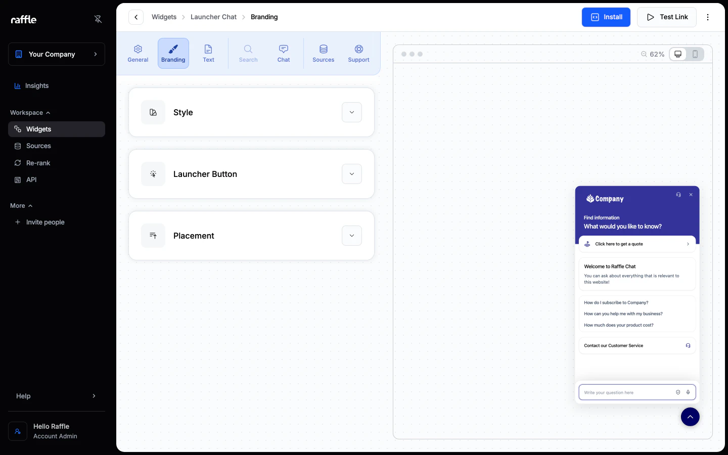 The Branding tab with its settings cards and the live preview