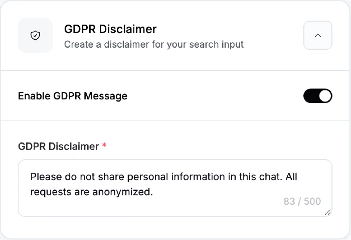 A GDPR disclaimer for the search field