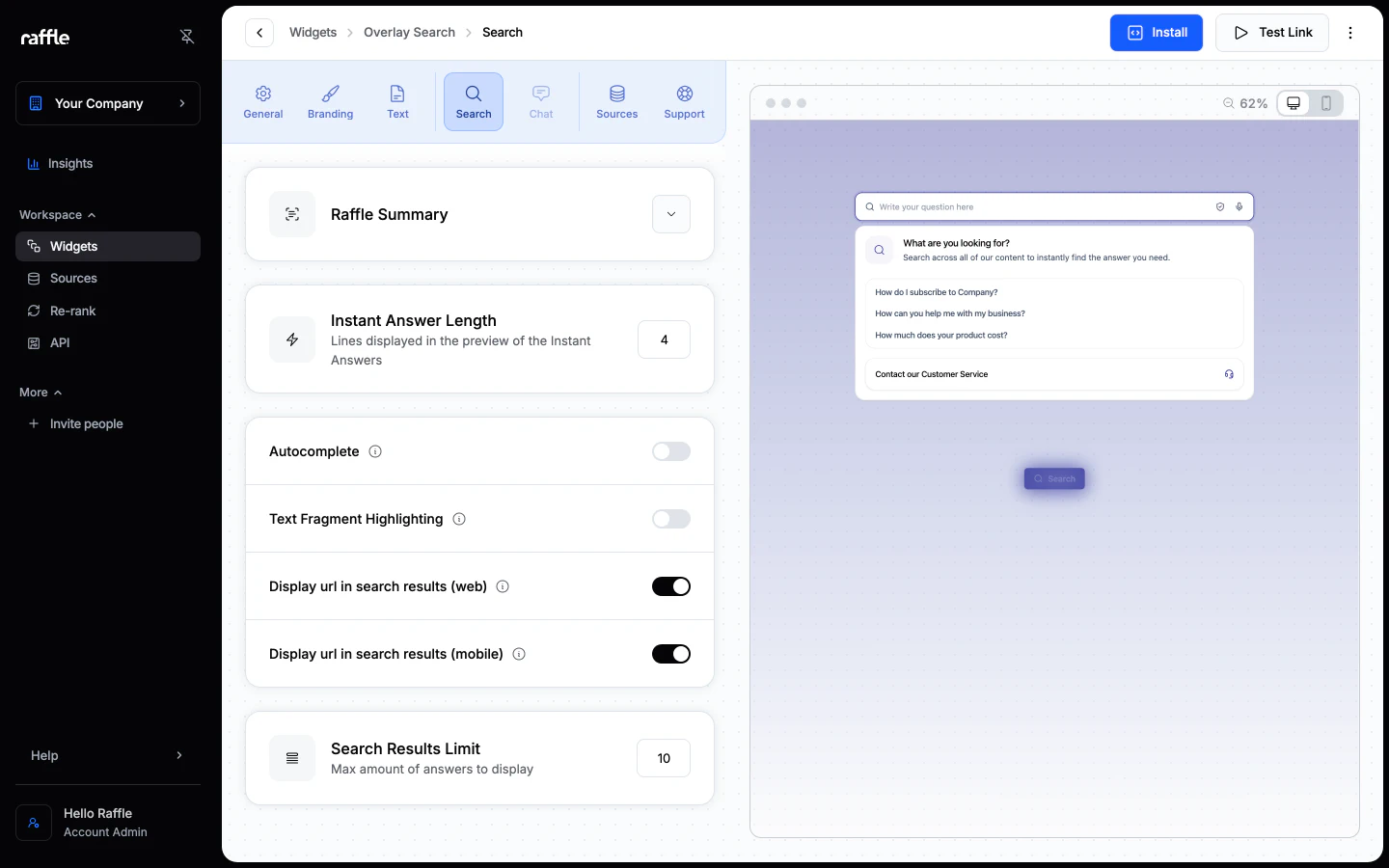 The Search tab with its settings and the live preview