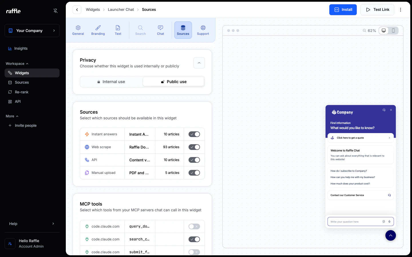The Sources tab with the Privacy, Sources and MCP tools cards