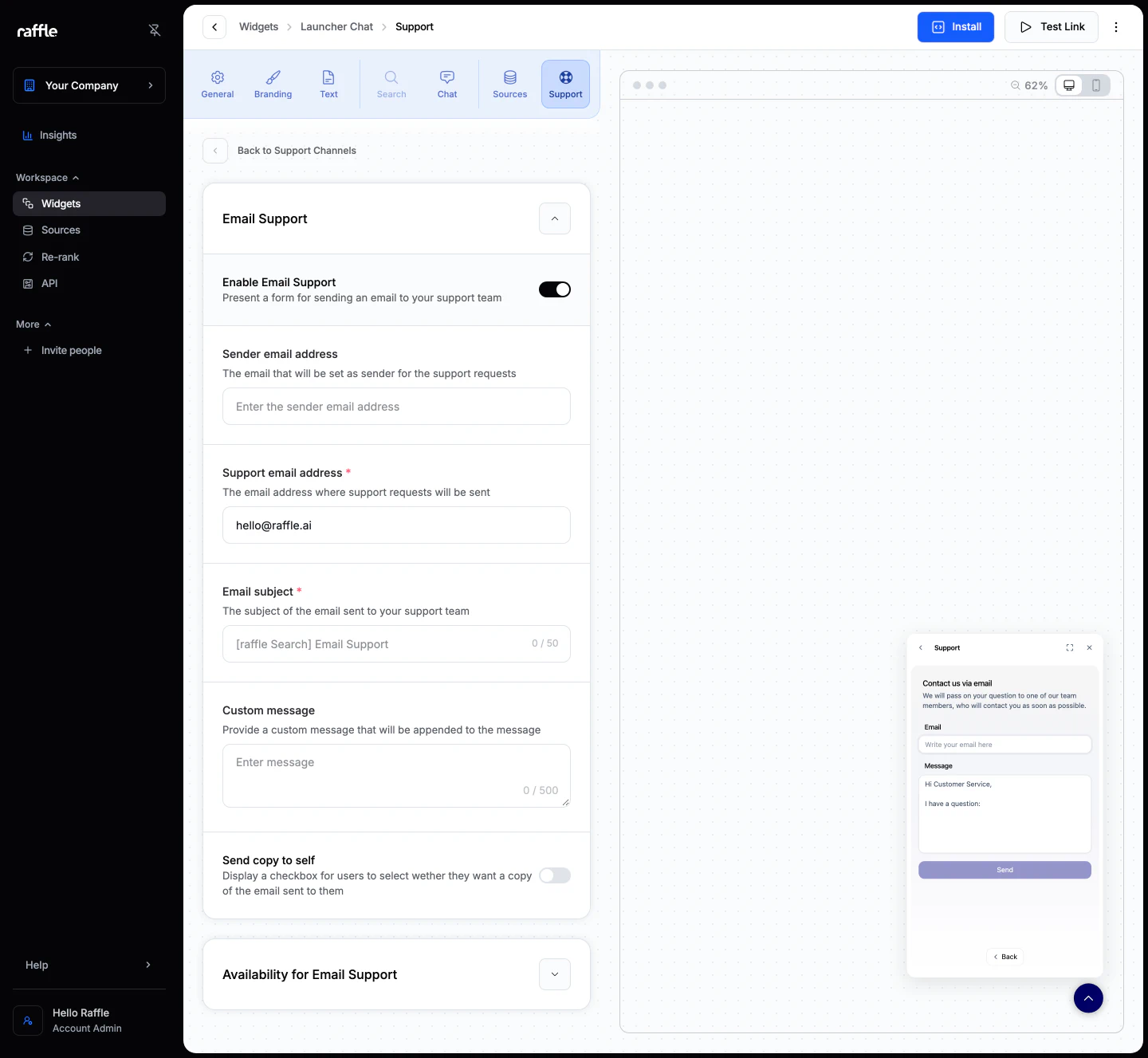 Email Support settings and the email form in the preview