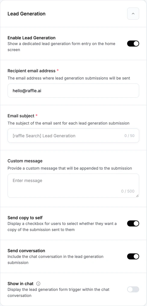 Lead Generation settings