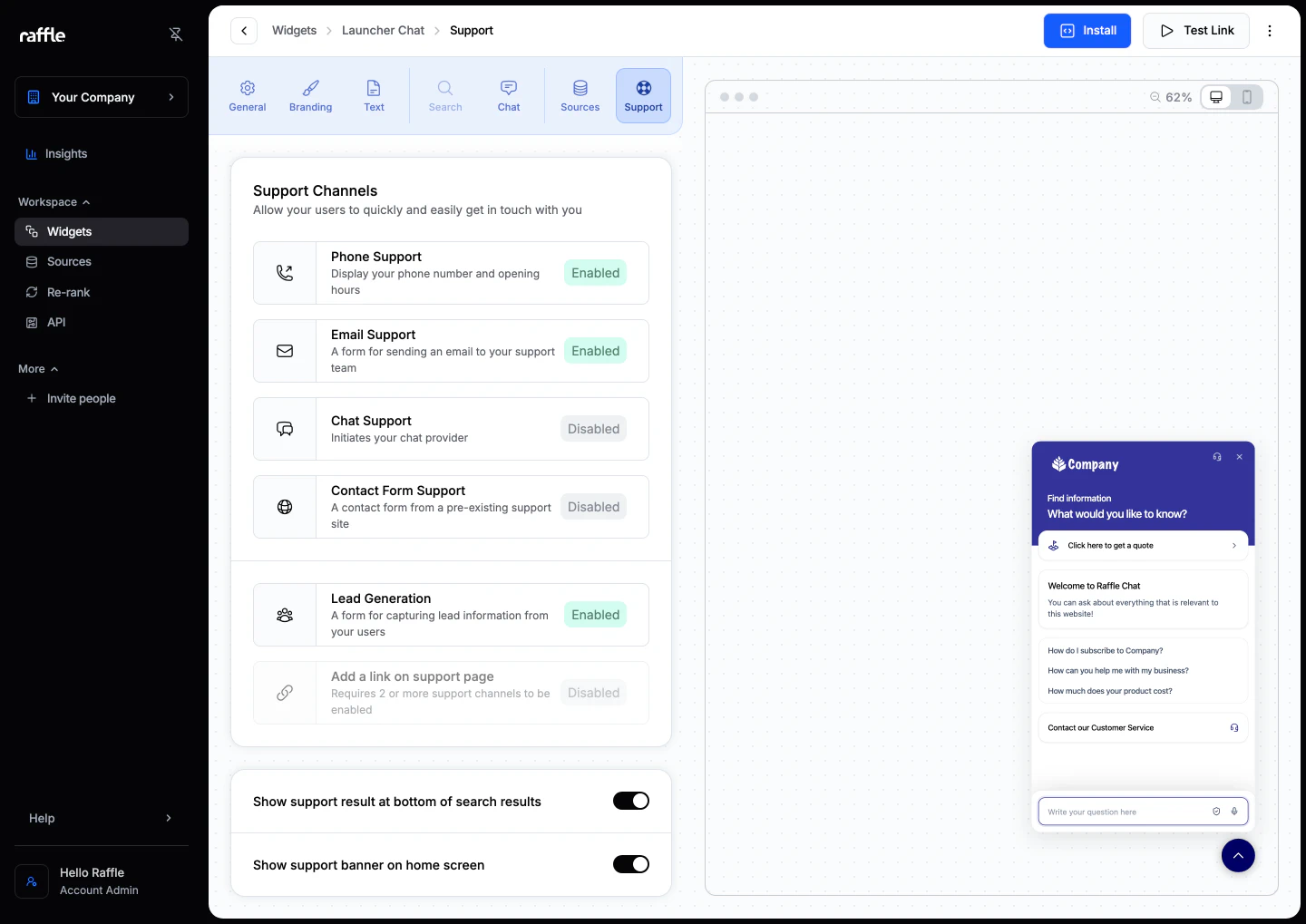 The Support tab with its support channels