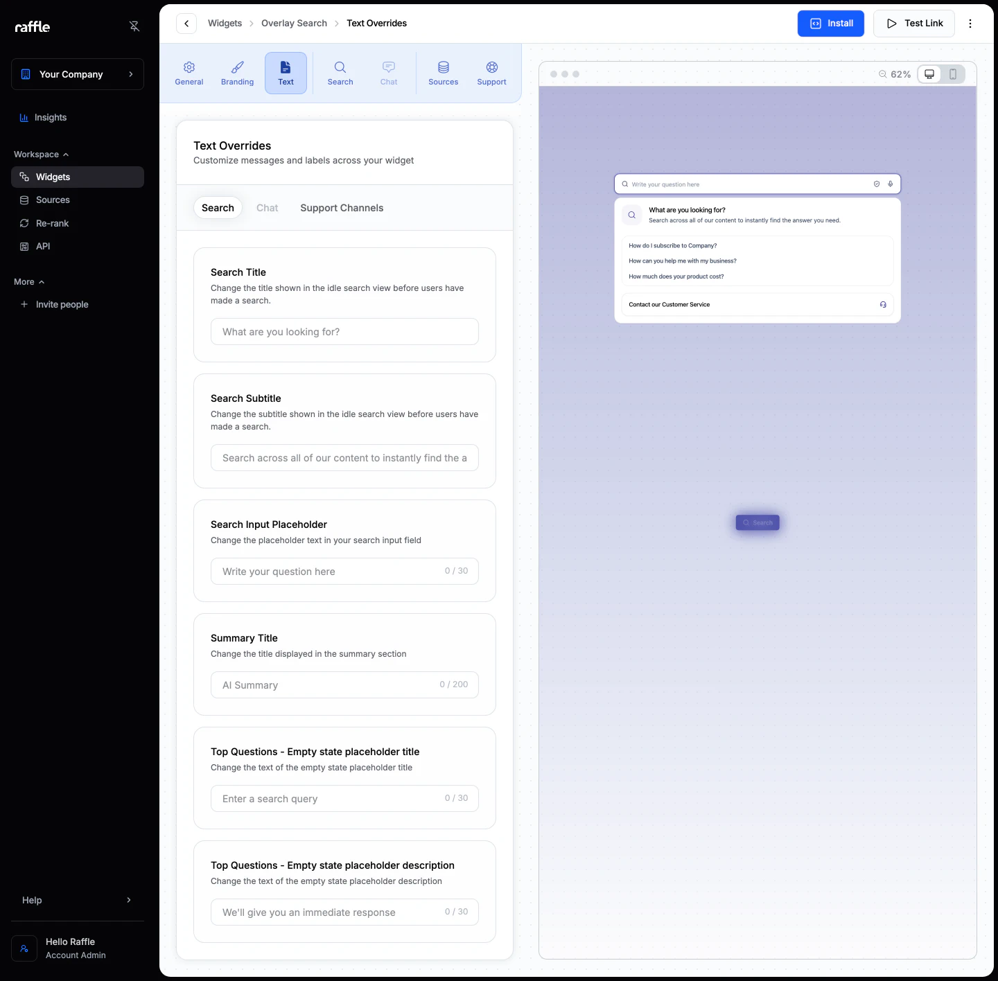 The search texts of an overlay widget