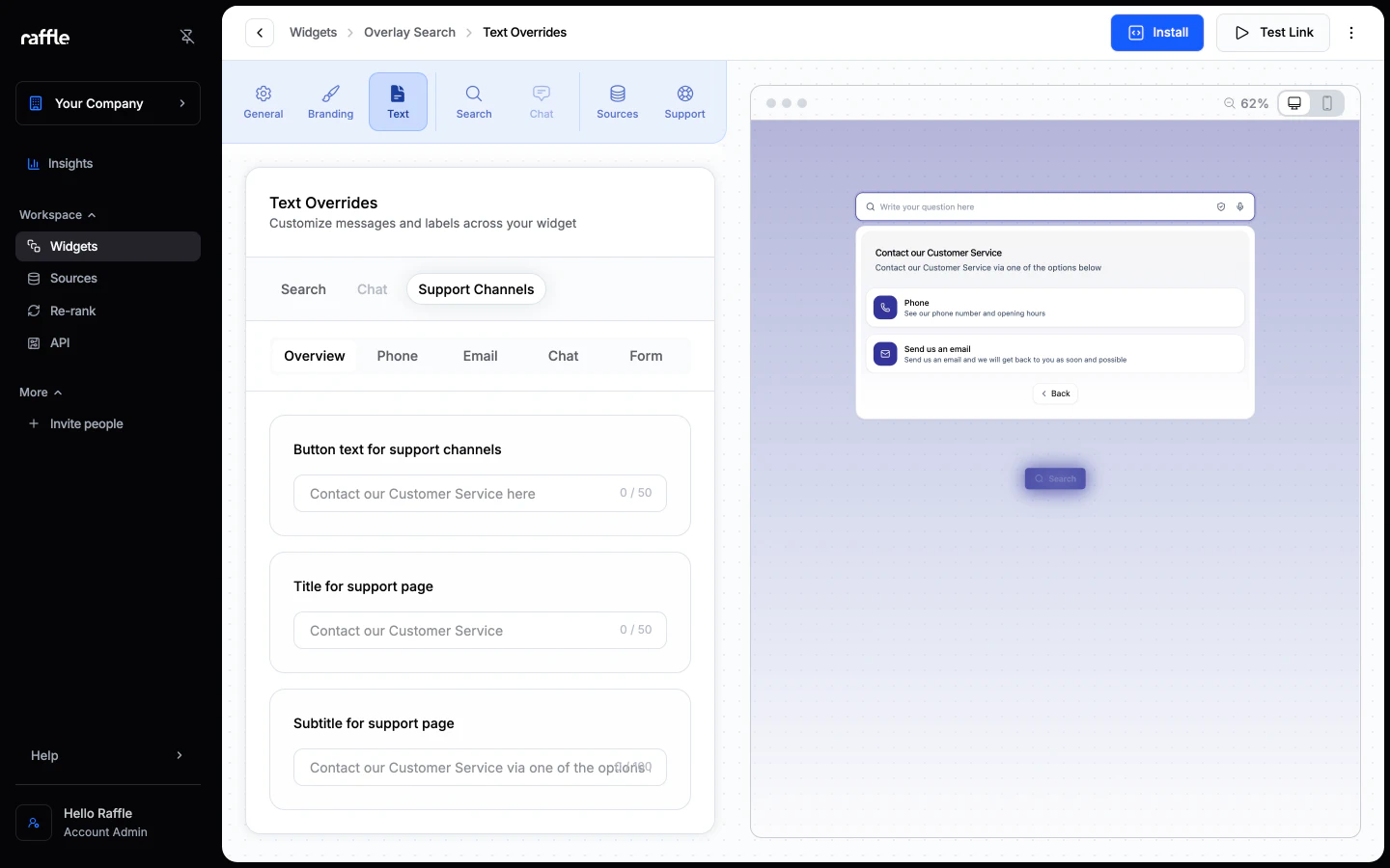 The support page texts, with the support page open in the preview