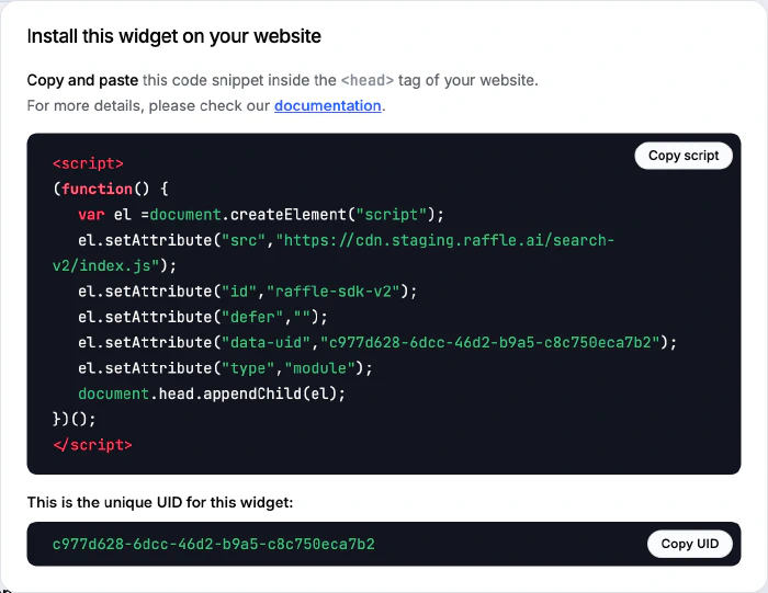 The Install dialog with the script and the widget's UID