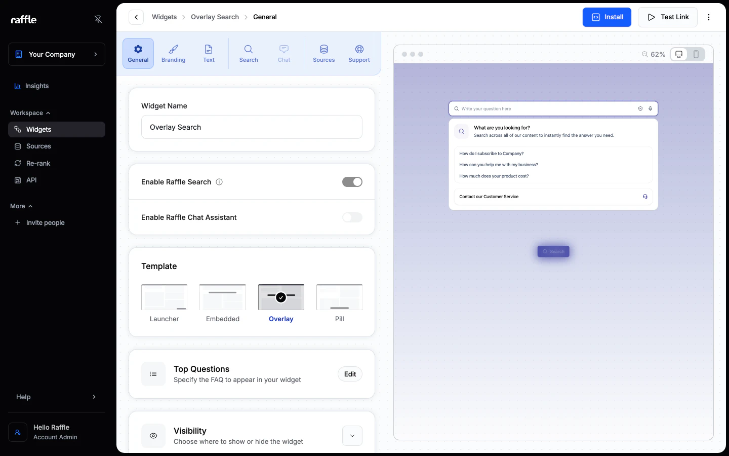The widget editor with the preview on the right